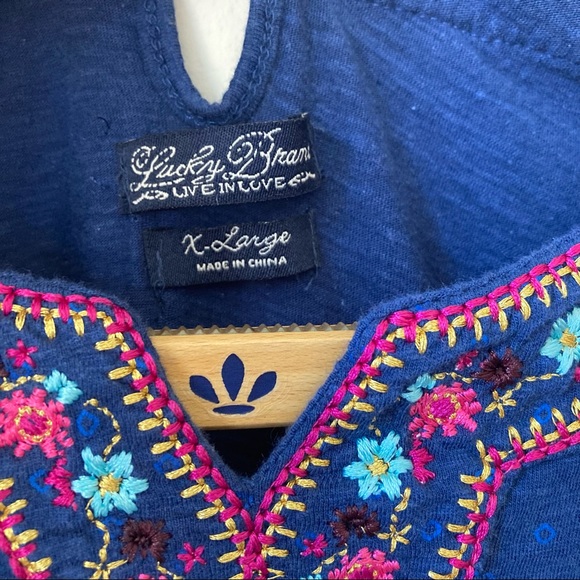 Lucky Brand Blue Boho Embroidered Flower Print Tiered Empire Dress Girls XL 16 - Picture 7 of 8